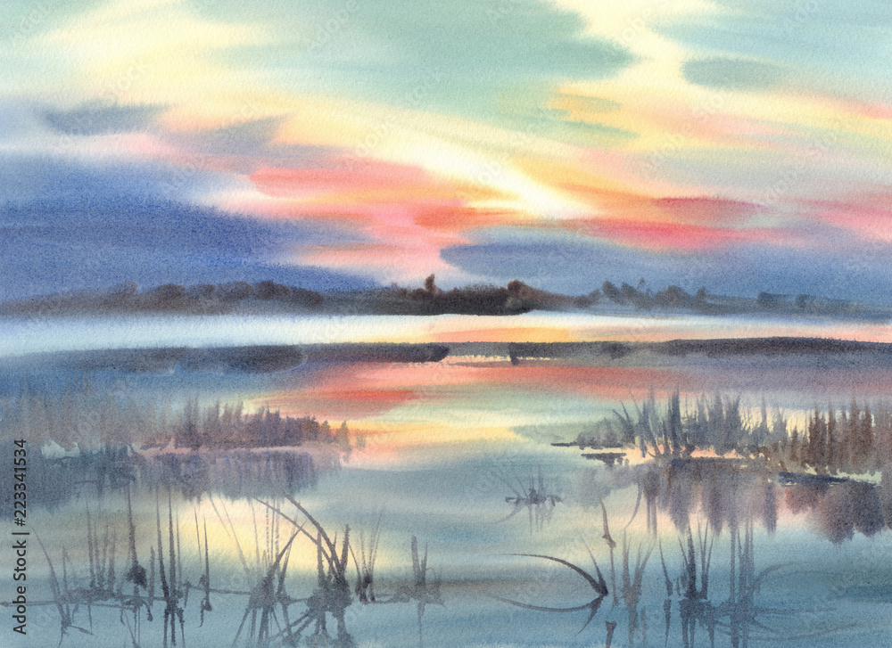 A lake in the evening light landscape watercolor background