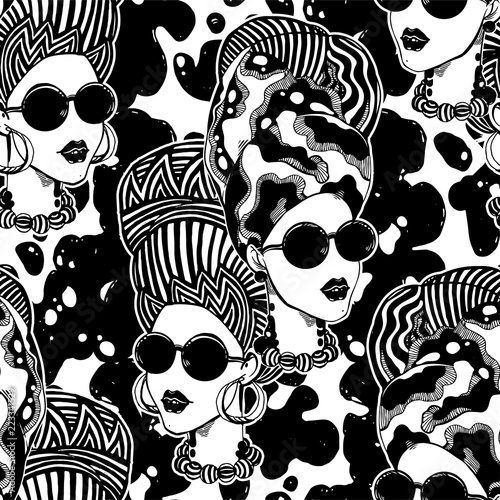 Seamless pattern of a woman in turban, head wrap.