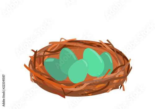 Bird nest with green Eggs and brown Twigs