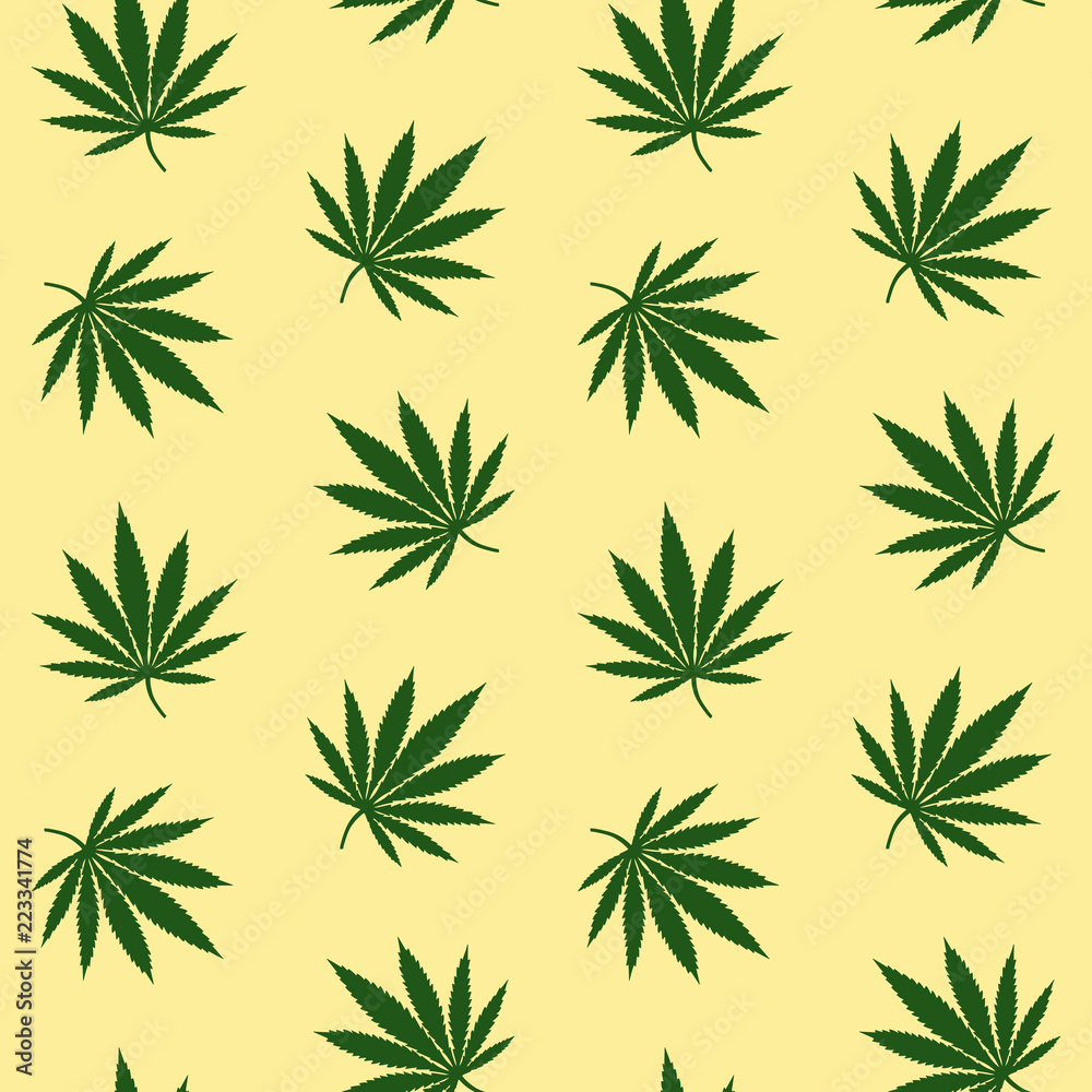 green leaves cannabis marijuana drug herb on a yellow background pattern seamless vector