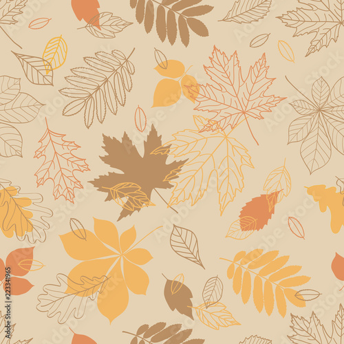 Fall of the leaves. Background with hand drawn leaves. Seamless pattern for textile, wallpapers, gift wrap and scrapbook. Vector illustration.