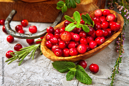 Harvest fresh red cranberries in wooden bowl, selective focus. Autumn concept