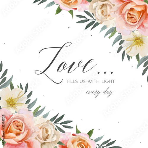 Vector wedding floral invite, greeting card, postcard design with garden pink peach, orange Rose flower, yellow, white Magnolia, Eucalyptus, green Olive tree leaves bouquet. Romantic, elegant template