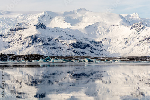 Mountain reflections in Jokulsarlon glacial lagoon, Iceland