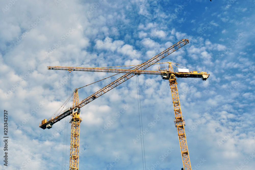 Portrait of two crane of a construction site, while they are working. Concept: work, labour, construction Portrait of two crane of a construction site, while they are working. Concept: work, labour, construction