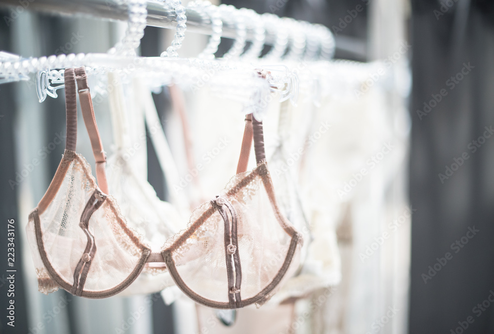 Elegant lacy lingerie on hanger in backlight Elegant lacy lingerie on hanger in backlight