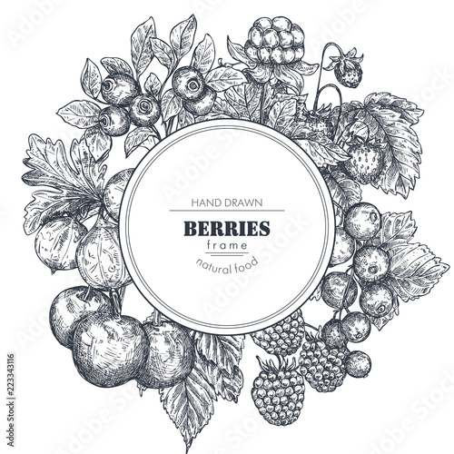 Frame with hand drawn vector berries in sketch style.