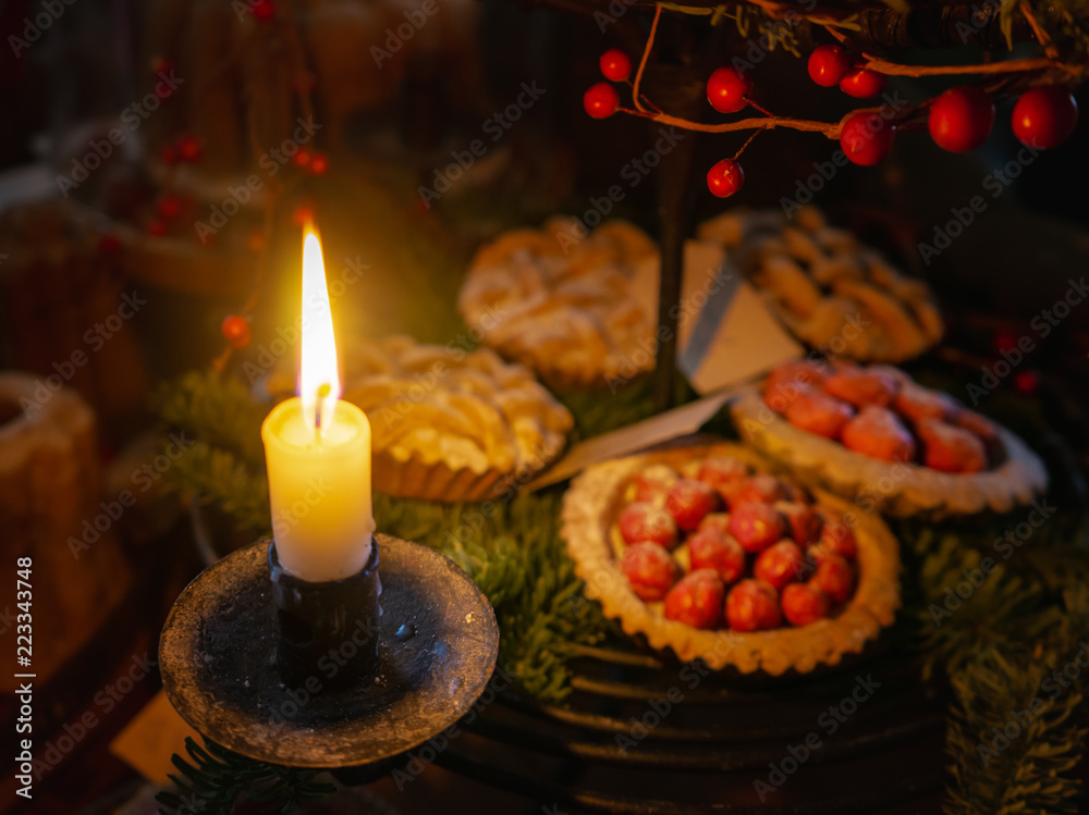 Advent candle with mini pie and berry Christmas decor Advent candle with mini pie and berry Christmas decor