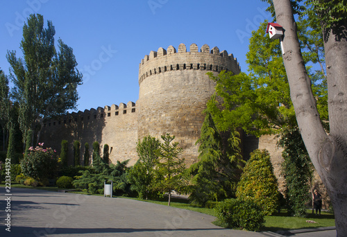 Baku - June 7, 2017. View of the Old City (Icheri Sheher) Wall from the park in Baku, Azerbaijan