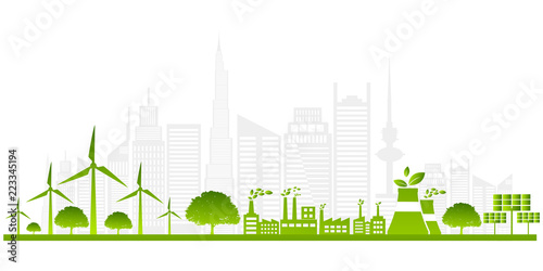 Ecology concept with green city on earth. sustainable development World environment concept, vector illustration