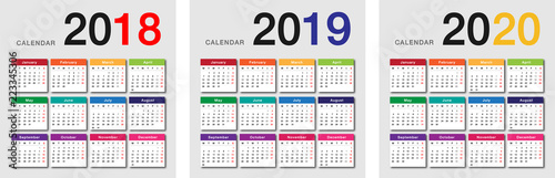 Year 2018 and Year 2019 and Year 2020 calendar vector design template, simple and clean design. Calendar for 2018 and 2019 on White Background for organization and business. Week Starts Monday. 