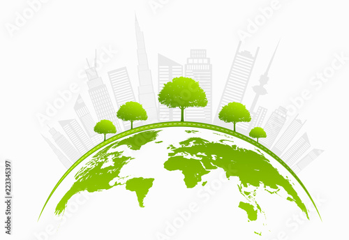 Ecology concept with green city on earth. sustainable development World environment concept, vector illustration