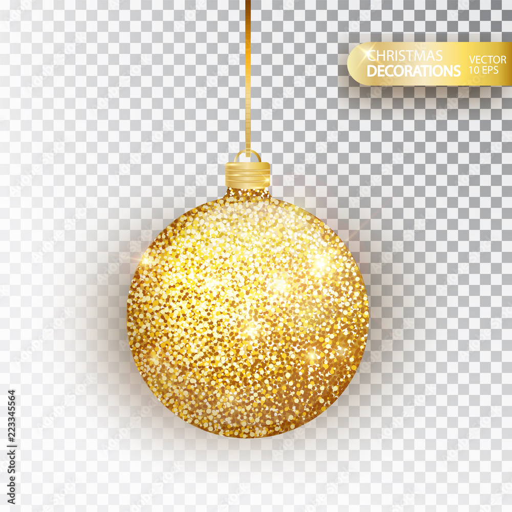 Golden glitter Christmas bauble golden glitter isolated on white. Sparkling glitter texture bal, holiday decoration. Stocking Christmas decorations.Gold hanging bauble. Vector illustration - obrazy, fototapety, plakaty 