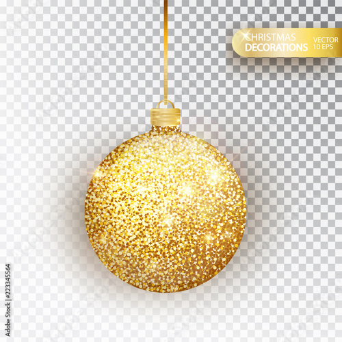Golden glitter Christmas bauble golden glitter isolated on white. Sparkling glitter texture bal, holiday decoration. Stocking Christmas decorations.Gold hanging bauble. Vector illustration photo