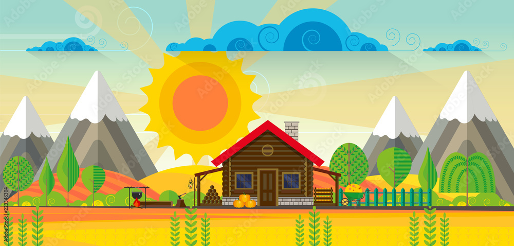 Vector illustration,  abstract landscape with wooden house. 