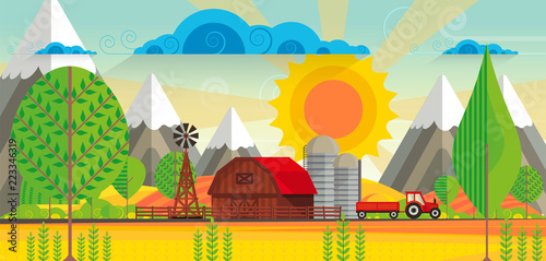 Abstract vector countryside rural landscape, farm with wooden barn and windmill. Can be use wallpaper or other background.