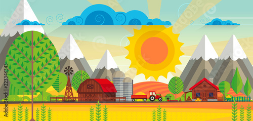 Abstract vector countryside rural landscape, farm with wooden barn and windmill. Can be use wallpaper or other background.