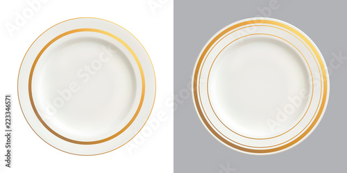 Vector illustration of white plates with gold trims, isolated on white and dark backgrounds.