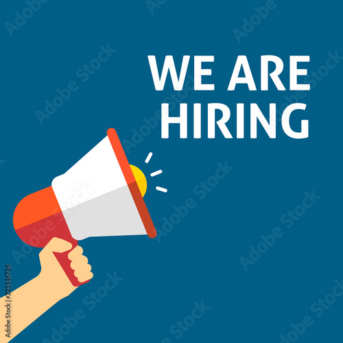 WE ARE HIRING Announcement. Hand Holding Megaphone With Speech Bubble