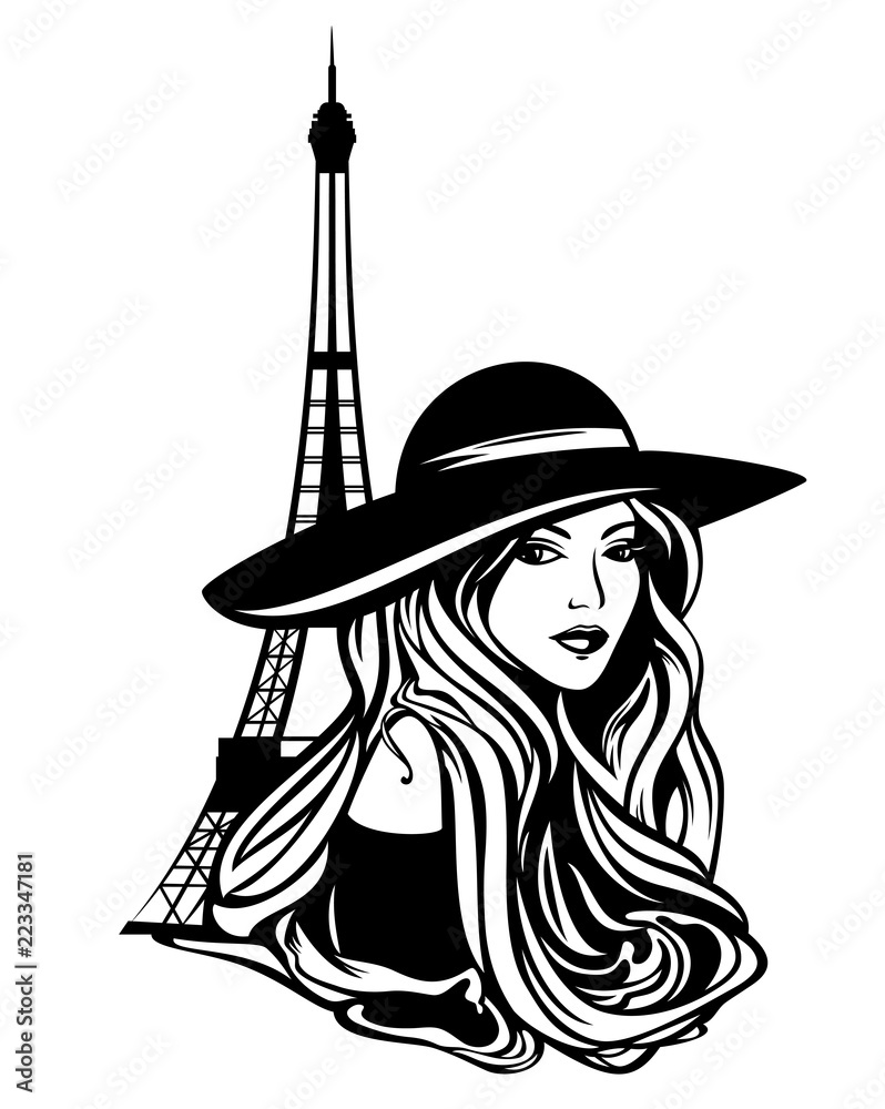 elegant parisian woman wearing wide brimmed hat and eiffel tower - black and white vector design - obrazy, fototapety, plakaty 