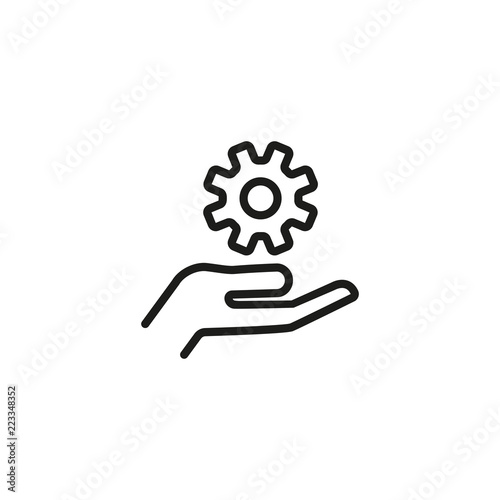 Hand holding cogwheel line icon. Support, mechanic service, settings. Engineering concept. Vector illustration can be used for topics like service, construction, business