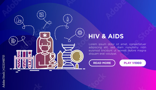 HIV and AIDs concept: doctor with blood test. Thin line icons: safe sex, blood transfusion, antiviral drugs, physical examination, AIDs ribbon. Vector illustration, web page template.