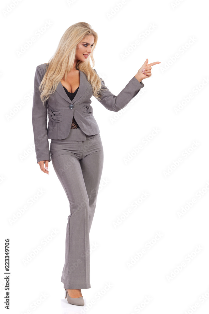 Business Woman In Gray Suit Is Standing And Directing Business Woman In Gray Suit Is Standing And Directing