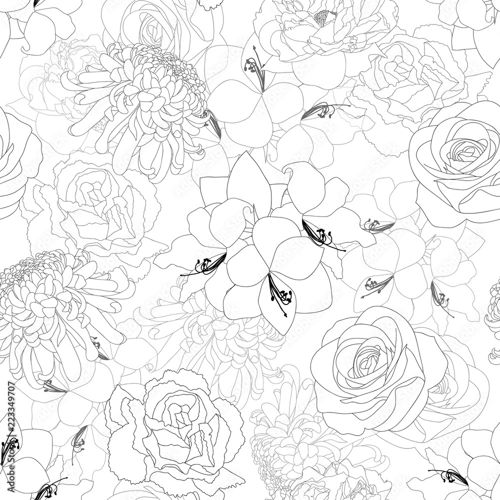 Rose, Chrysanthemum, Carnation, Peony and Amaryllis Flower Background Outline Rose, Chrysanthemum, Carnation, Peony and Amaryllis Flower Background Outline