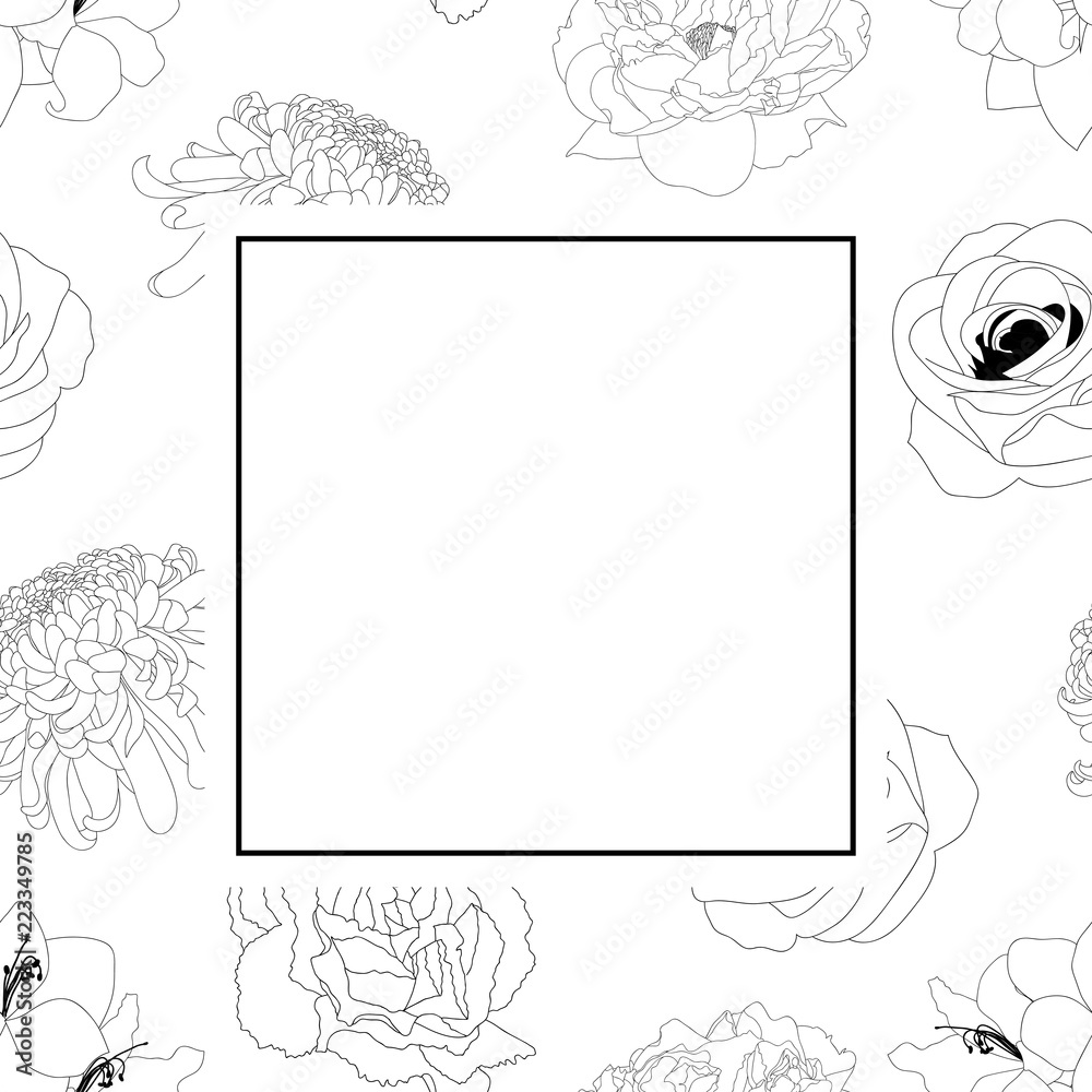 Rose, Chrysanthemum, Carnation, Peony and Amaryllis Flower Banner Card Outline