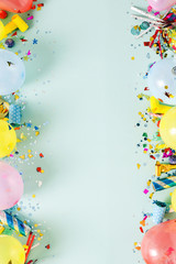 Flat lay decoration party pastel blue background top view