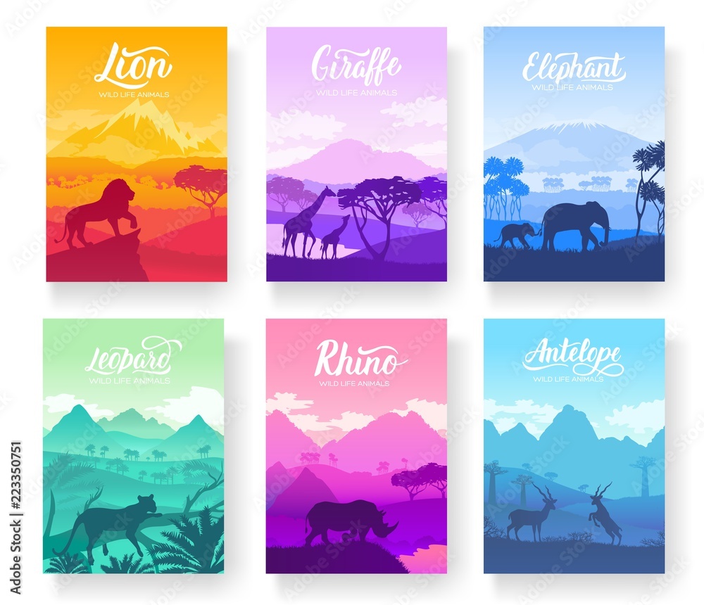 Brochures with African animals in natural habitat. Set of flyers with  wildlife in the sunset of the day. Template of magazines, poster, book  cover, banners. Landscape invitation concept background Stock Vector |