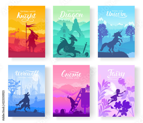 Set of diverse fantasy worlds illustration. Fantasy creatures from old myths and fairy tales. Template of magazines, poster, book cover, banners. Landscape invitation concept background