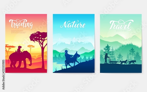Animal in their natural habitat set. Movement on animals in different cultures of the earth. People of various nationalities. World cultural differences of nation. Pets in many countries
