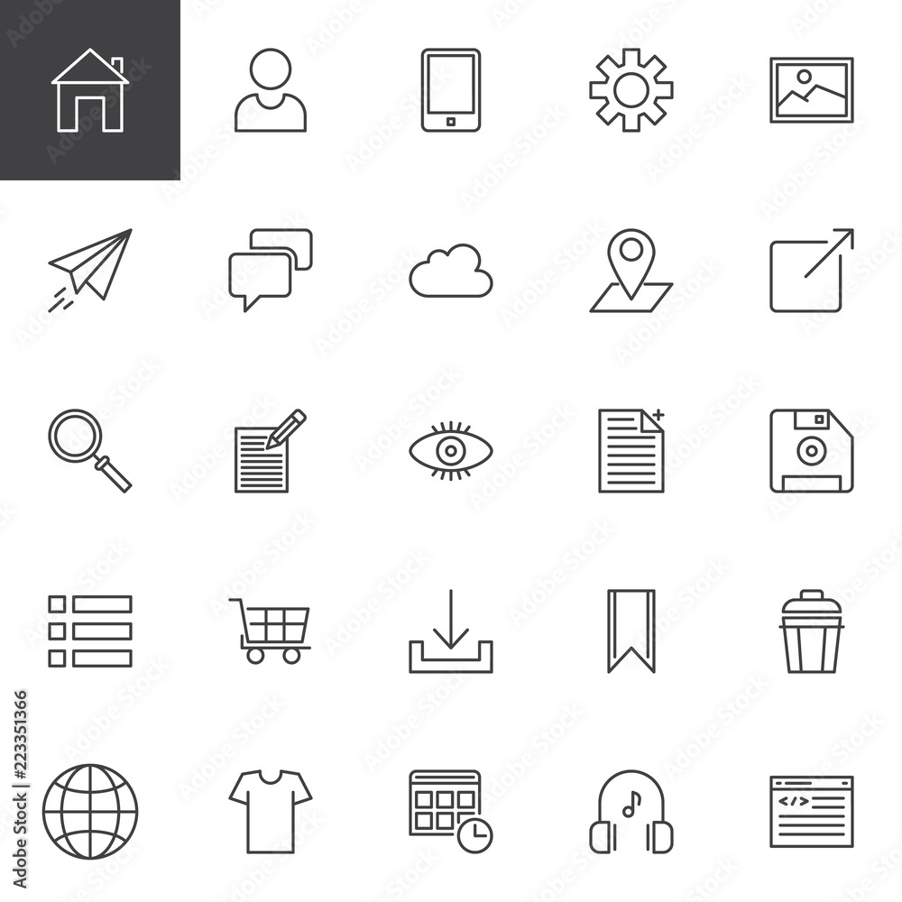 Web development outline icons set. linear style symbols collection, line signs pack. vector graphics. Set includes icons as Home page, User Profile, Smartphone, Settings, Image, Paper plane, Chat Web development outline icons set. linear style symbols collection, line signs pack. vector graphics. Set includes icons as Home page, User Profile, Smartphone, Settings, Image, Paper plane, Chat