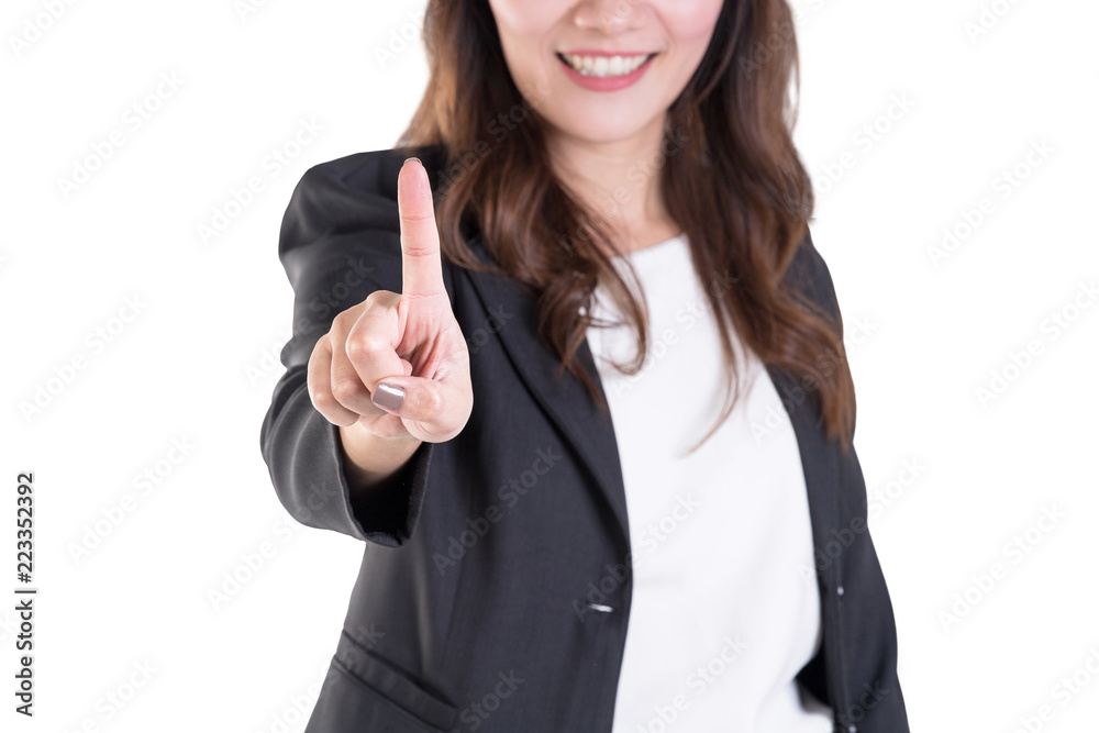 In Selective Focus on Forefinger of Business Woman Pressing Isolated On White Background. In Selective Focus on Forefinger of Business Woman Pressing Isolated On White Background.