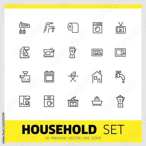 Household icons. Set of  line icons. Washing machine, TV set, sewing machine. Domestic appliances. Vector illustration can be used for topics like housework, housekeeping, technology