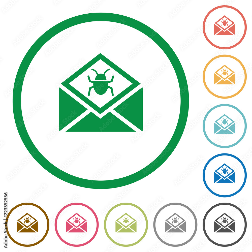 Open mail with malware symbol flat icons with outlines Open mail with malware symbol flat icons with outlines