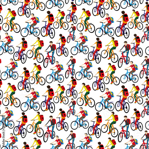 Seamless pattern with cyclists on white background.