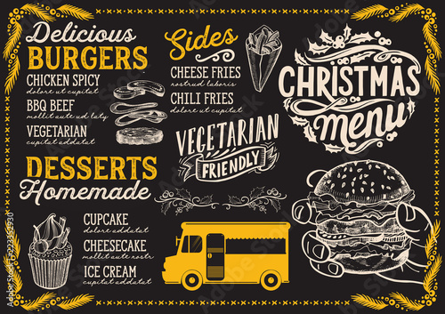 Christmas menu for food truck on blackboard background vector illustration template for xmas night celebration. Design poster with vintage lettering and holiday hand-drawn graphic.