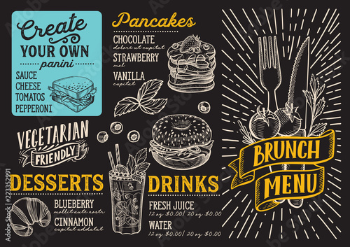 Brunch menu template for restaurant on a blackboard background vector illustration brochure for food and drink cafe. Design layout with lettering and doodle hand-drawn graphic icons.