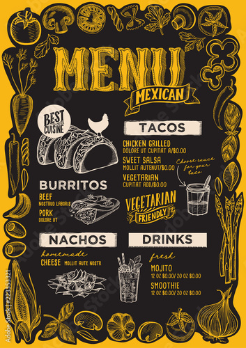 Mexican menu template for restaurant on a blackboard background vector illustration brochure for food and drink cafe. Design layout with vintage lettering and frame of hand-drawn graphic vegetables.