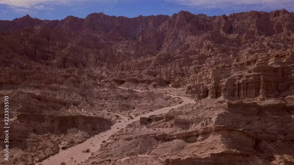 droneshot of valle de flecha in Salta, Argentina at sunset