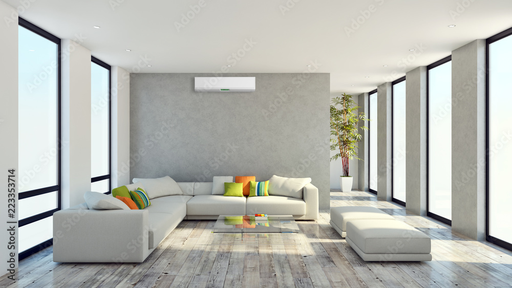 modern bright interiors apartment Living room with air conditioning illustration 3D rendering computer generated image modern bright interiors apartment Living room with air conditioning illustration 3D rendering computer generated image