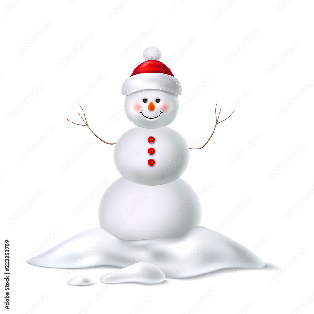 Vector cute realistic snowman in hat with sticks