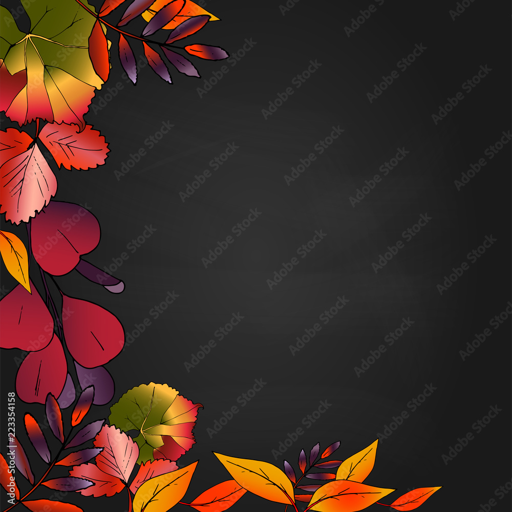 It is wreath of autum leaves on black background. frame with bright leaves for design. clipart for background, postcard, sale, post. Red, yellow, orange, purple leaves. Bright vector illustration