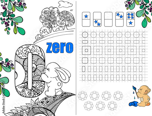 Workbook on mathematics for preschool education. Puzzles for children. Number zero. Prescriptions. The hare with the figure. Figure with pattern. Coloring. Illustration for educational literature. Pag