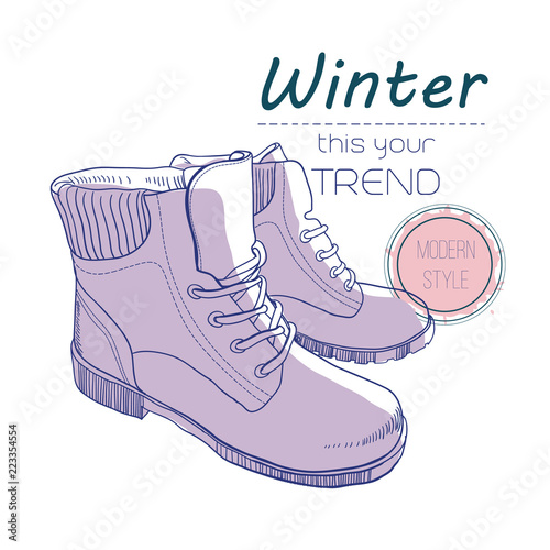 boots shoes for winter. Poster Retro style. Design flyer with vintage hand-drawn illustrations.