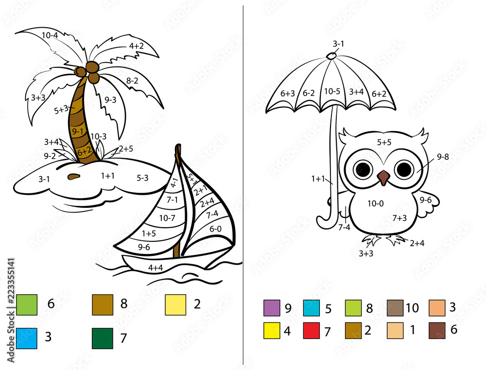 Puzzles for children. Math task. Math. Coloring by numbers. Illustration for educational books. Workbook on mathematics for preschool education. Prescriptions. Coloring. Page 32. Cartoon character. Stock Vector | Adobe Stock Puzzles for children. Math task. Math. Coloring by numbers. Illustration for educational books. Workbook on mathematics for preschool education. Prescriptions. Coloring. Page 32. Cartoon character. Stock Vector | Adobe Stock
