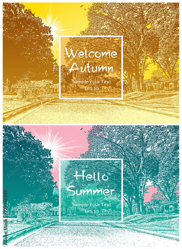 Fototapeta premium Landscape with road, residential houses among large trees with sun - summer and autumn view. Vector graphic illustration of typical American small town, empty street of a suburban neighborhood.