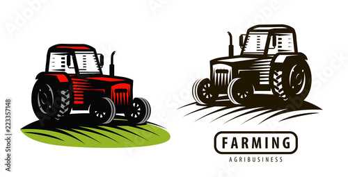 Farm tractor logo or label. Agriculture, farming, agribusiness symbol. Vector illustration